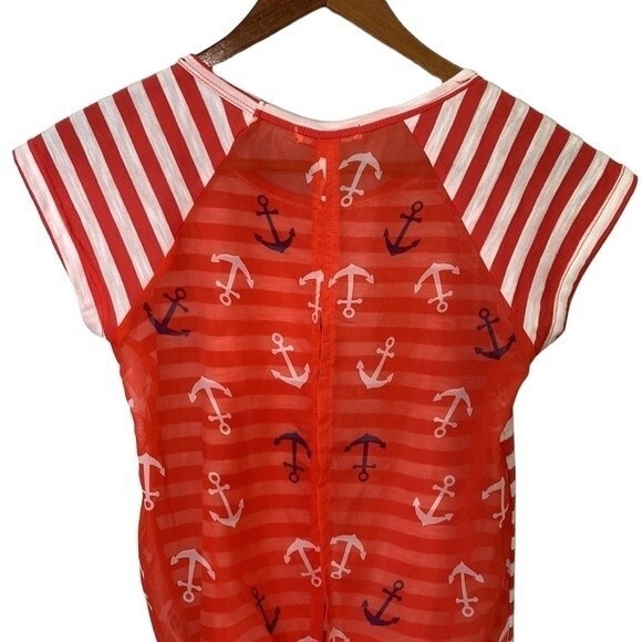 Aeropostale Nautical Stripe Sheer Tie Waist Anchor Print Top Short Sleeve Sailor - Picture 6 of 16